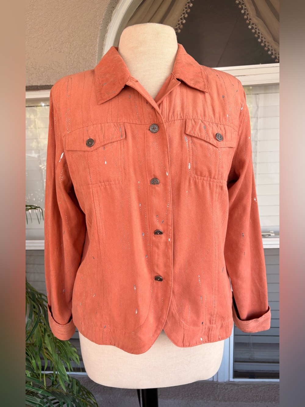 erin london Rust Button-Front Jean Jacket with Metallic Pinstripe